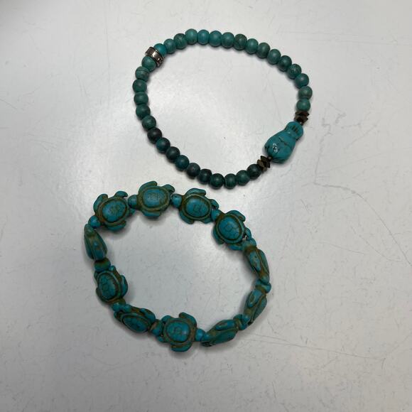 two turtle bracelets turquoise colored blue stone carved stretch beach tropical - Picture 4 of 6